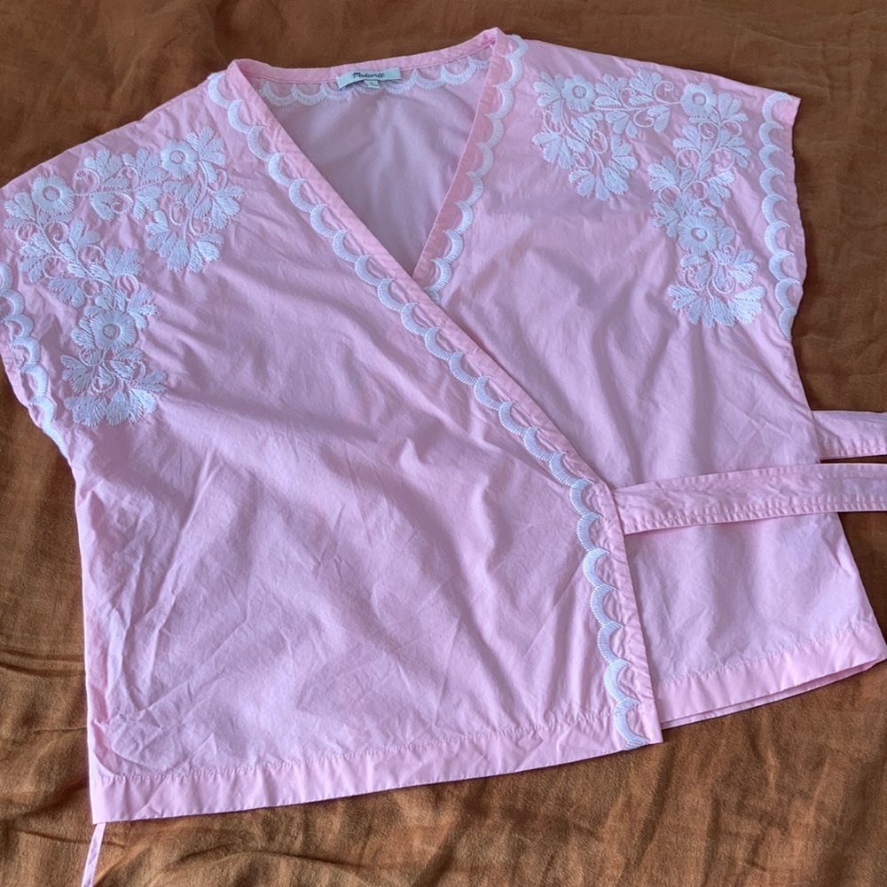 Madewell Pink embroidered side-tie wrap top large - Picture 8 of 10